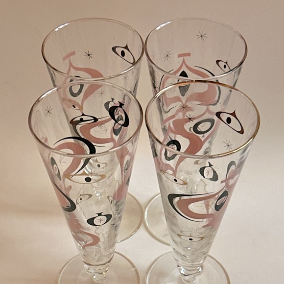 VTG Libbey 4pc Seville Fluted Pilsner Glasses MCM Atomic Starburst Pink & Black - Picture 2 of 6